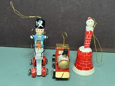 Vintage Red Wooden Bell Ornament Brick Chimney, Nutcracker, Train picture