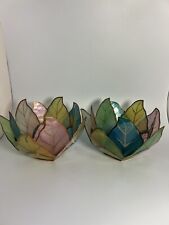 Vintage Capiz & Brass Multicolored Lotus Flower Bulb Candle Holders, Set Of 2 picture
