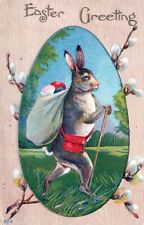 EASTER - Rabbit Walking With Sack Of Colored Eggs Easter Greeting Postcard -1911 picture