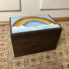 Vintage 80s Brown Wood Rainbow Rectangle Trinket Box   picture