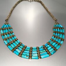 PAWN STERLING SILVER TURQUOISE TRIBAL INSPIRED BIB NECKLACE - 17” L/APPROX 77 Gr picture