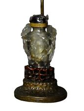 Antique Unique Jade Asian Carved Lamp w/Wooden & Brass Base picture