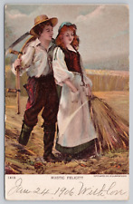 Vintage Undivided Back Postcard Rustic Felicity, Young Couple Hay Field picture