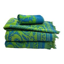 VTG Utica JP Stevens MCM Bath Towels 4 Pc Set Terrycloth Green Blue Fringe Fleur picture