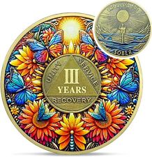 Delicate Sunflower 3 Year Sobriety Coin Recovery Butterfly AA Coin Gifts picture