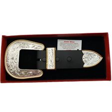 Justin Silver Electroplated Belt Buckle Set Two Tone Western Scroll Design Boxed picture