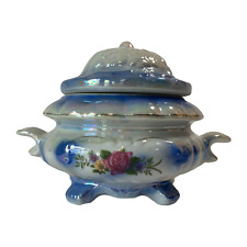White Blue Floral Iridescent Glossy Candy Dish Vintage Victorian Tureen with Lid picture