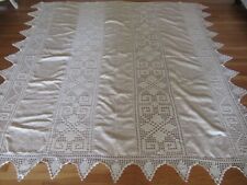 Vintage Handmade Victorian French Linen Crochet Bedspread Coverlet Ecru Monogram picture