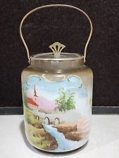 Antique Hand Painted River Church Scene Milk Glass Cracker Biscuit Jar Metal Lid picture