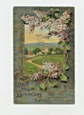 Vintage Postcard BIRTHDAY  HOUSES    FLOWERS  GOLD  EMBOSSED   UNPOSTED picture