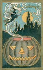 HM Rose All Halloween Postcard~Antique~Witch Flying Over Black JOL~c1909 picture