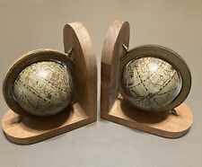VINTAGE WOODEN PAIR SPINNING OLD WORLD GLOBE BOOKENDS MADE IN HONG KONG 7” TALL picture