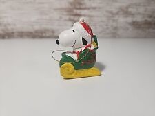 VTG Snoopy in Green & Yellow Sleigh Christmas Tree Ornament, Hard Rubber  picture