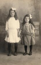 c1912 RPPC 2 Beautiful Little Girls, Hair Ribbons, Long Hair Real Photo Postcard picture