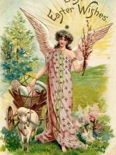 1908 Stunning Easter Angel w/ Sheep Egg Cart Embossed Gold Boise ID Postcard picture
