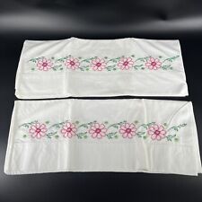 Vintage hand embroidered White pillowcases Pink Daisy Flowers Set 2 picture