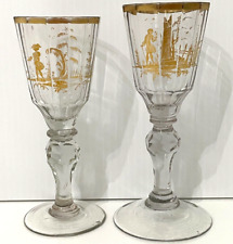 Pair Antique 18-19th Century Facet Cut Wine Glass Goblets Gold Gilt Pastoral JCS picture