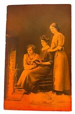 c1907 Red Tint RPPC 3 Women Reading In Front Of Fireplace Hofsteater Studio ORE picture