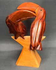 Vintage Hand Carved Wood Pair of Toucan Birds on Pedestal Base Tiki Bar Decor picture