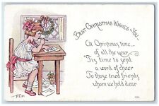 1914 Christmas Wishes Girl Writing Letter Whreat Port Dickinson NY Postcard picture