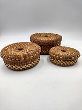 Hand Woven Sweet Grass Nesting Baskets Green Accents Set Of 3 VTG Boho picture