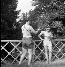 Vintage Medium Format Negative 1950s  man taking selfie wannabe model girl picture