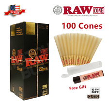 Authentic RAW Black 1 1/4 Size Pre-Rolled Cones 100 Pack & Free Clipper Lighter picture