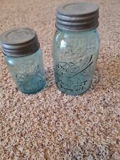 2 Antique Blue Ball Mason Jars 1900 -1923 With Zinc Lids 1 Quart Jar, 1 Smaller picture