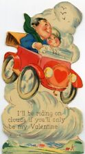 Vintage Die Cut Card Antique Car Riding on Clouds Be My Valentine c1920s picture