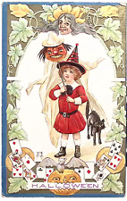 1915 Halloween Postcard Young Girl Witch has Jack O Lantern Stick Playing Cards picture
