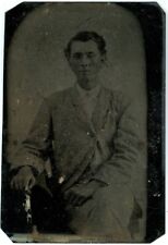 CIRCA 1800'S ANTIQUE TINTYPE OF YOUNG MAN IN LIGHT COLORED SUIT AND WHITE TIE picture