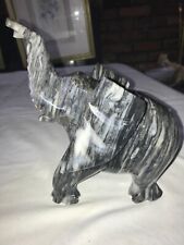 ELEPHANT Striped MARBLE Carved ONYX Trunk Up LUCKY Pose PACHYDERM Figurine 9½