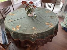 Antique Wool Felt Embroidered Table Cloth 8” Silk Fringe Arts &Crafts 70” NU picture