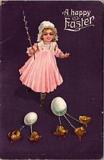 Easter Greetings Pretty Child Pink Dress Bonnet Chicks Eggs  P.U. 1910 (N-205) picture