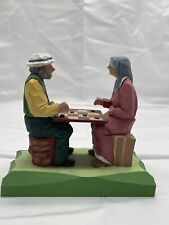 Vintage Elderly Couple Playing Checkers Sculpture Hand Carved Folk Art Wood picture