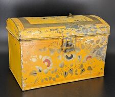 Antique Lockable Toleware Yellow Dome Top Lid Tin Lock Box picture