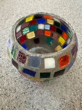 Rainbow mosaic tiles and glass on round candle holder/cement grout picture