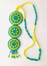 Native American Navajo Starburst 3 Medallion Beaded Necklace Leather Blue Yellow picture