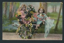 1908 Adorable Little Girls in Cart with Flowers Garlands Germany picture