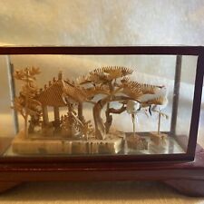 VTG Asian hand-carved cork pagoda Art piece handcrafted Diorama cranes red case picture