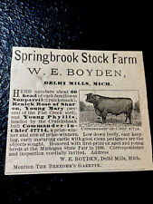 ORIGINAL 1887 Springbrook Farm Cattle Cow Advertising -  Delhi Mills - Michigan picture