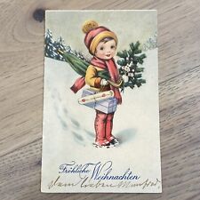 German Child Delivering Christmas Packages Fröhliche Weihnachten Postcard 1920s picture