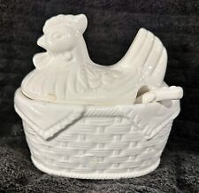 Adorable White Ceramic Chicken in Basket Gravy Soup Tureen w Ladle picture