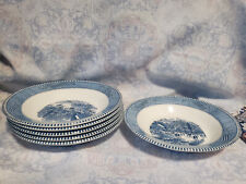 Set of 6 Currier and Ives Early Winter Blue Rimmed Salad Soup Bowls 8 1/2