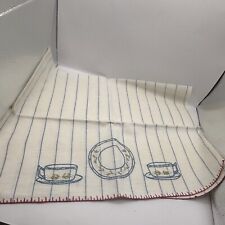 Vintage Linen Kitchen Towel - Blue Stripes - Cups/Saucers Embroidered Motif picture