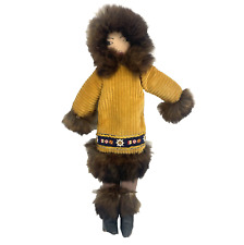VTG Native American Inuit Cloth Doll Handmade Alaskan Fur Coat picture