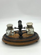 Victorian Timber Oval Desk Set w Two Glass Inkwells & Timber Pen Holders c1890s picture