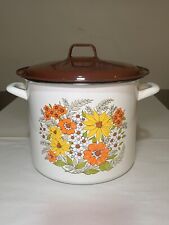Vintage Retro MCM Enamel Stock Cook Pot Yellow, Orange Flowers, Brown Lid￼  10” picture