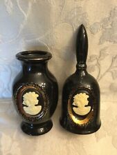 Vintage Porcelain Black White Gold Cameo Set Bell & Vase Japan picture