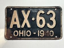 Vintage 1940 Ohio License Plate ALL ORIGINAL AX-63 White Lettering Over Black picture